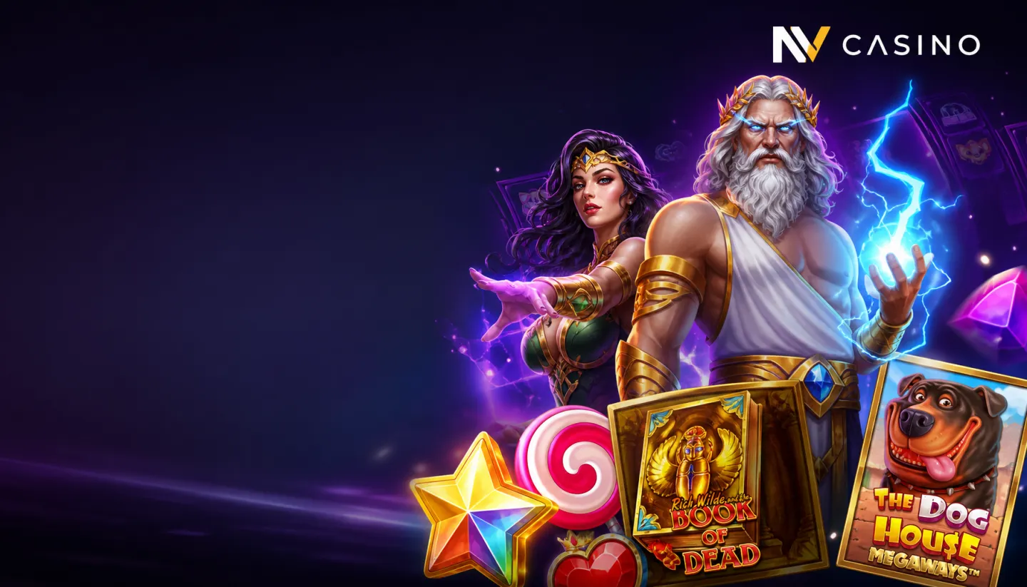 Hero banner for NV Casino featuring official logo and vibrant slot-themed visuals.